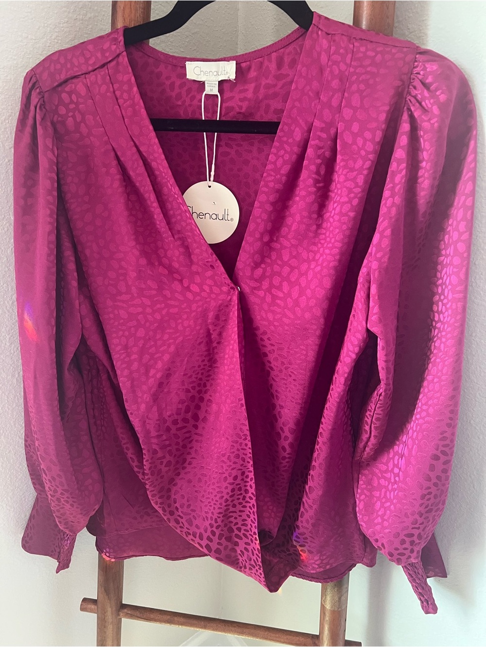 Chenault Satin V-Neck Blouse in Magenta